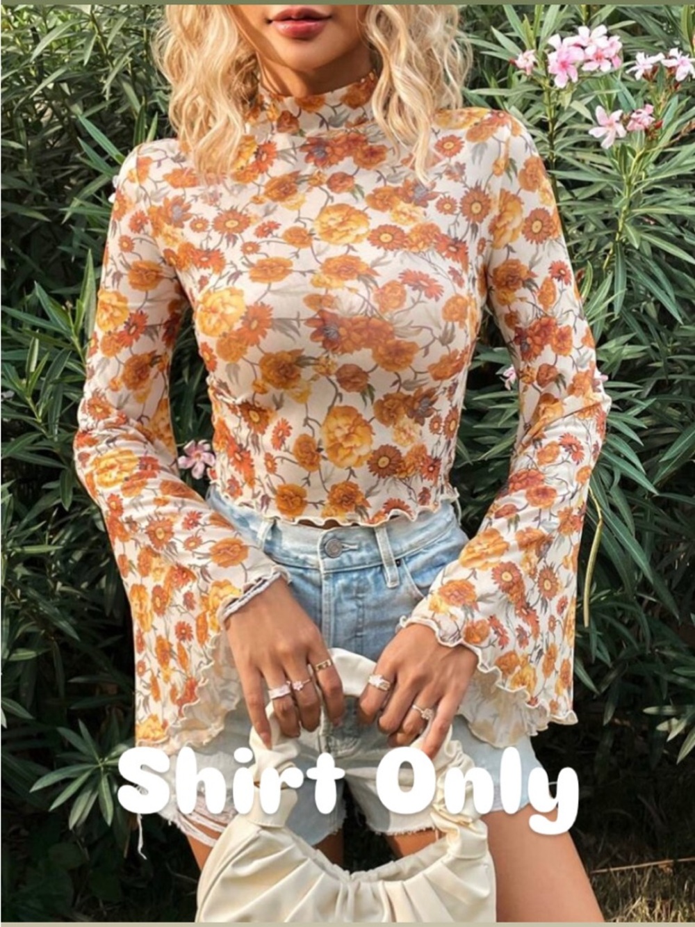 Floral Long-Sleeve Mesh Top in Cream and Mustard